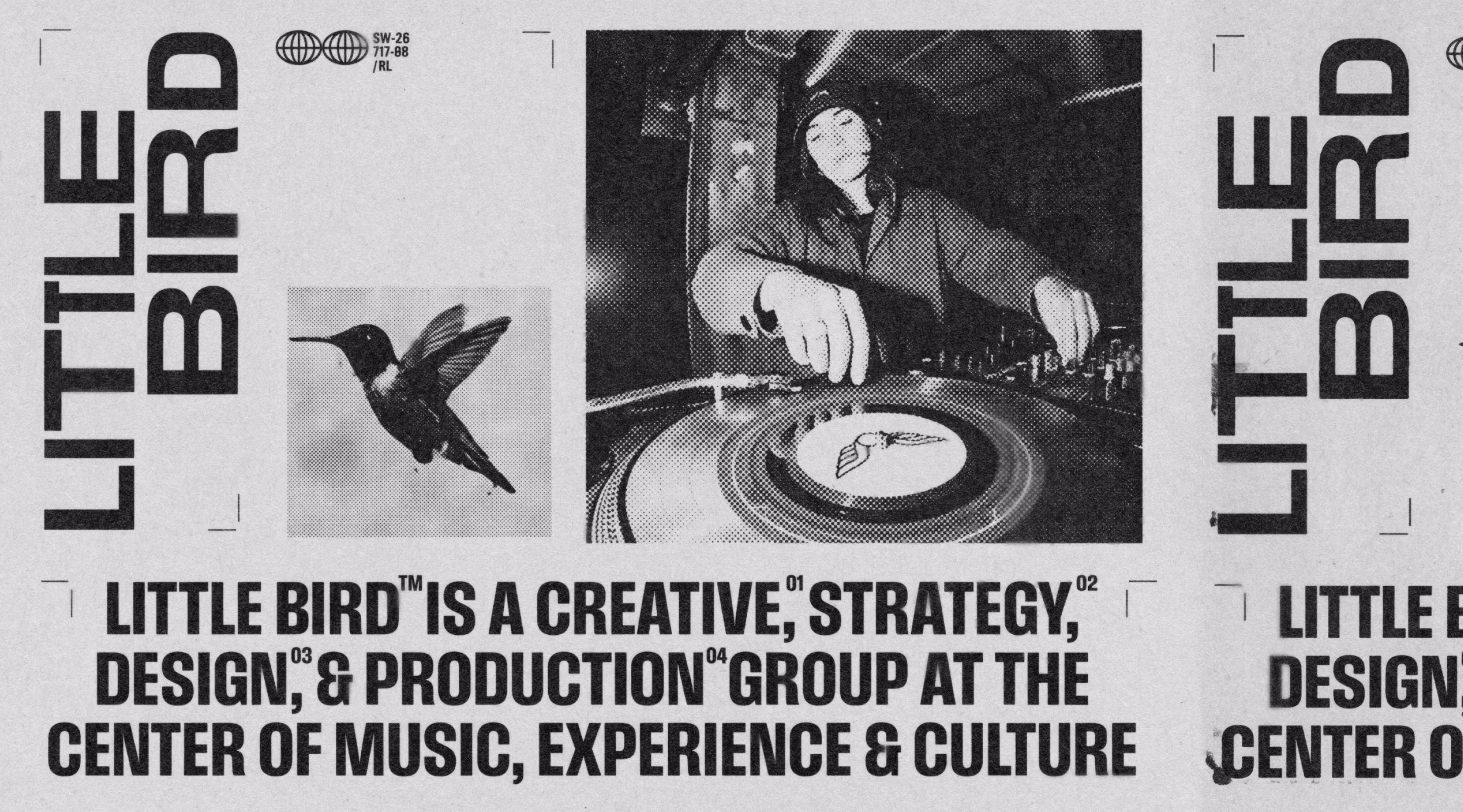 Little Bird creative strategy poster with a hummingbird and a DJ