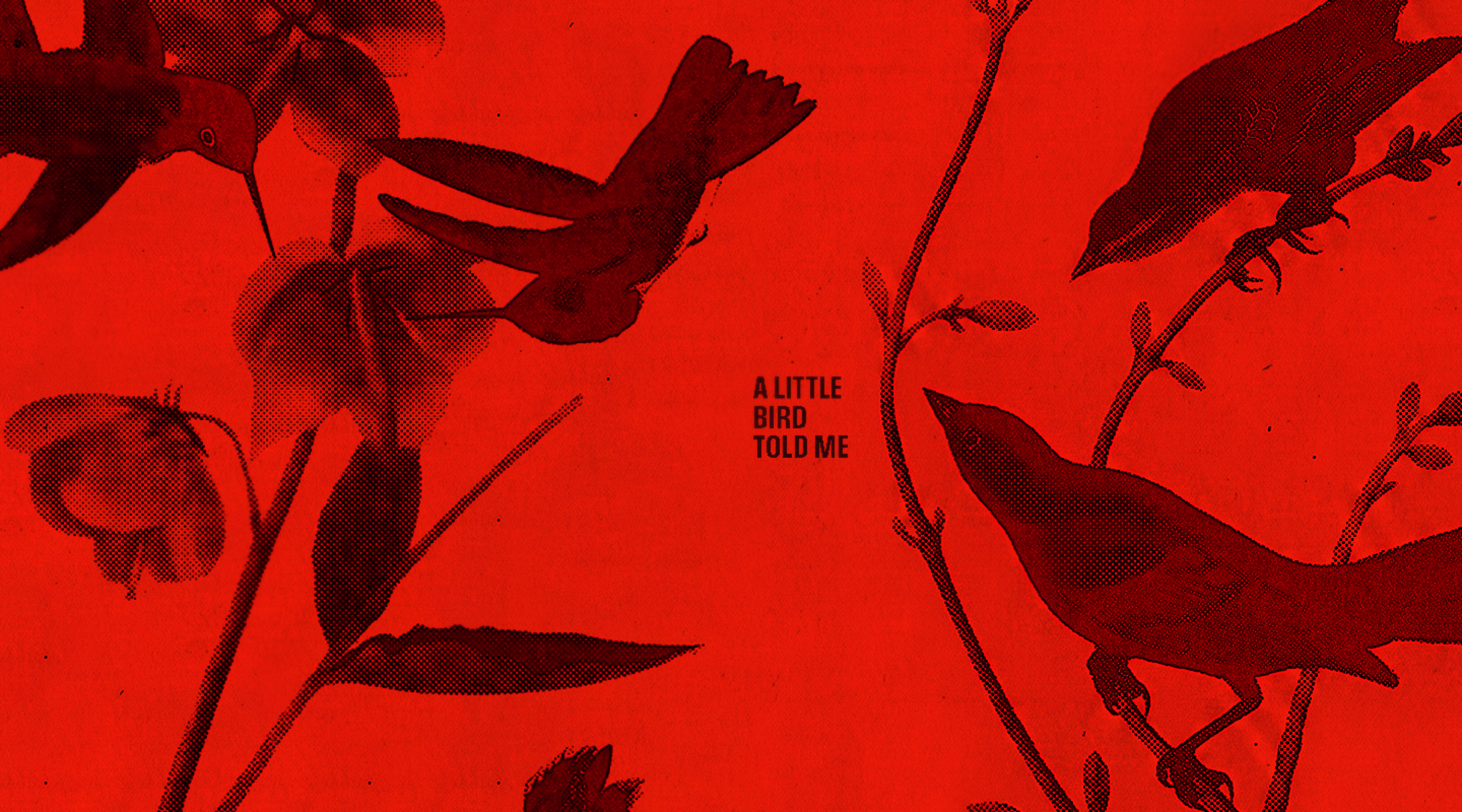 Red poster with birds perched among branches
